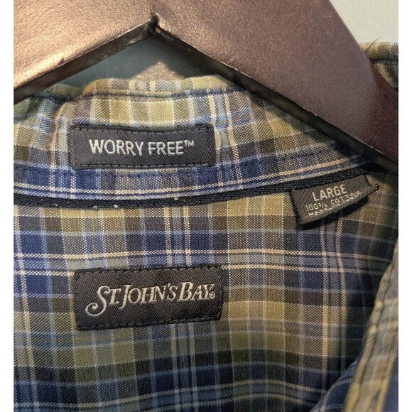 St Johns Bay Size Large Plaid Shirt Mens Short Sleeve Green Worry Free L SS SJB - Picture 2 of 3